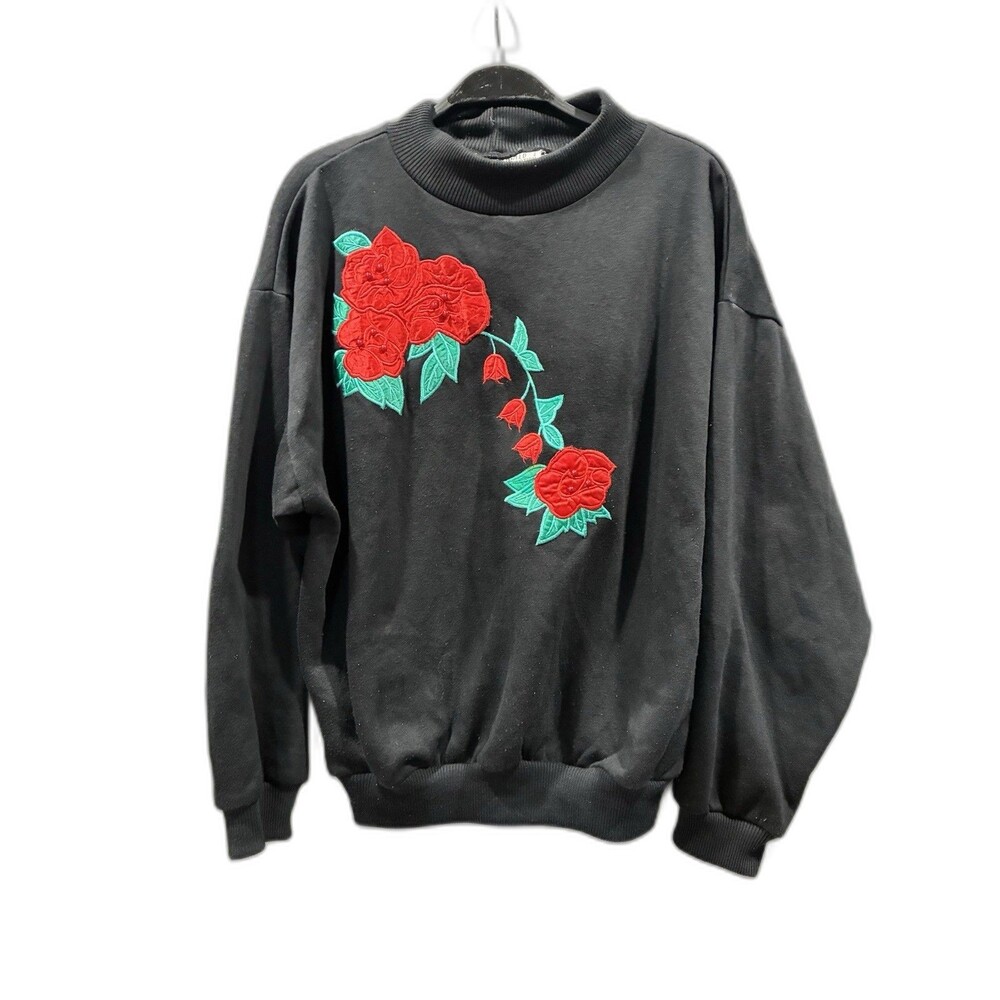 Vintage Rose Applique Sweatshirt M Black Mock Neck Floral Beaded 80s 90s